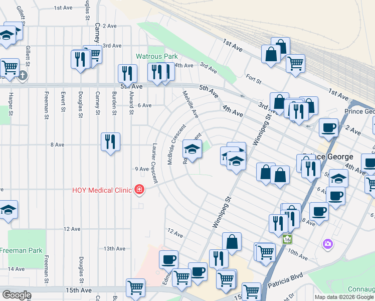map of restaurants, bars, coffee shops, grocery stores, and more near Ross Crescent in Prince George