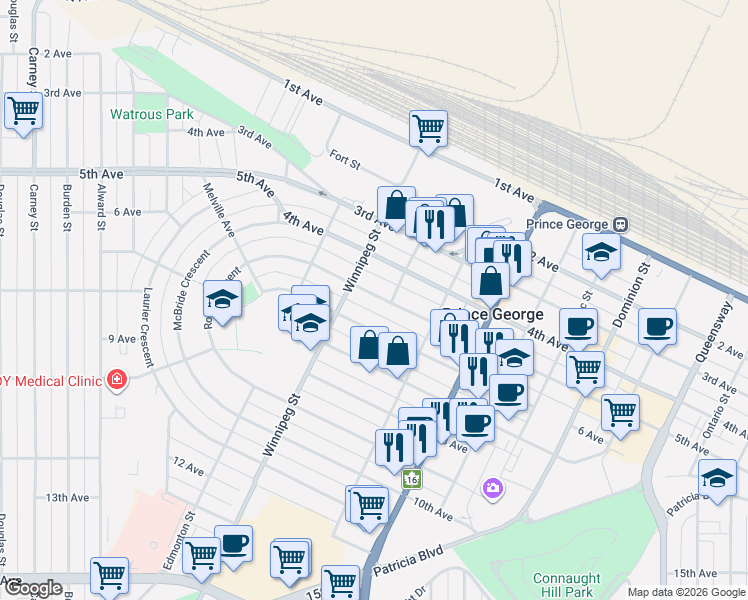 map of restaurants, bars, coffee shops, grocery stores, and more near 1740 5th Avenue in Prince George
