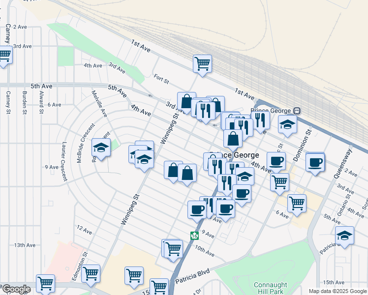 map of restaurants, bars, coffee shops, grocery stores, and more near 1700 5th Avenue in Prince George
