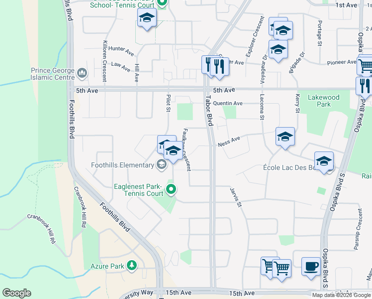 map of restaurants, bars, coffee shops, grocery stores, and more near 730 Faulkner Crescent in Prince George