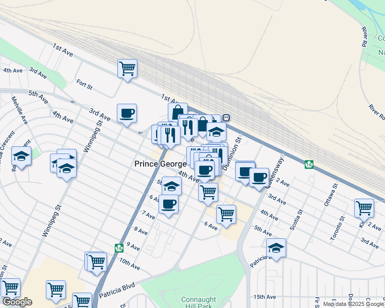 map of restaurants, bars, coffee shops, grocery stores, and more near 215 Brunswick Street in Prince George