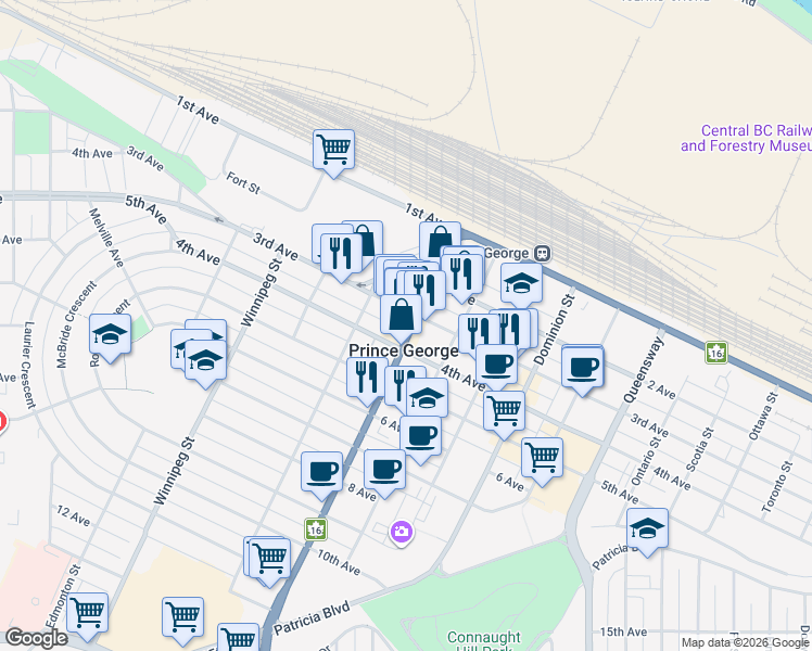 map of restaurants, bars, coffee shops, grocery stores, and more near 369 Victoria Street in Prince George