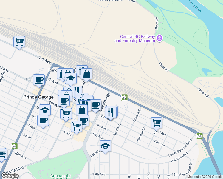 map of restaurants, bars, coffee shops, grocery stores, and more near 990 1st Avenue in Prince George