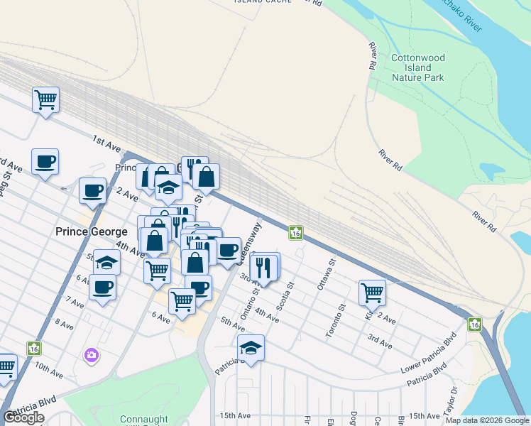 map of restaurants, bars, coffee shops, grocery stores, and more near 990 1st Avenue in Prince George
