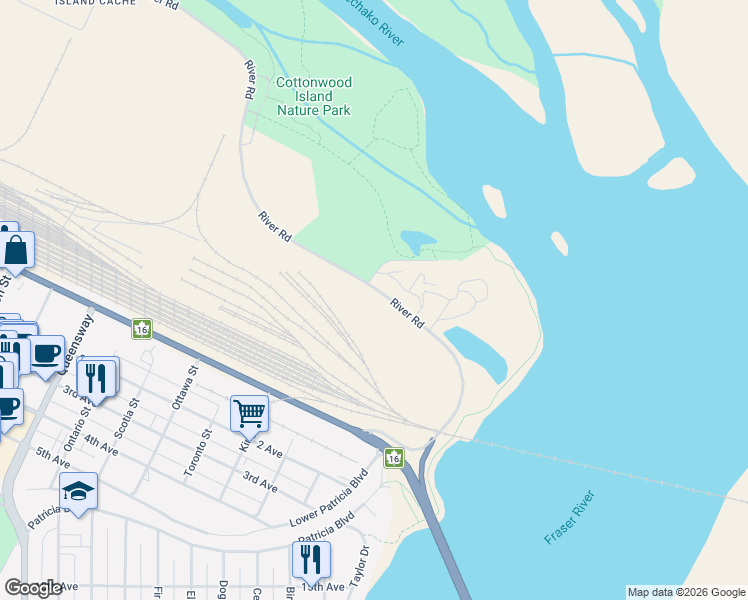 map of restaurants, bars, coffee shops, grocery stores, and more near 211 River Road in Prince George
