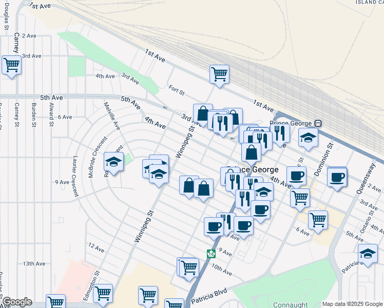 map of restaurants, bars, coffee shops, grocery stores, and more near 1700 5 Avenue in Prince George