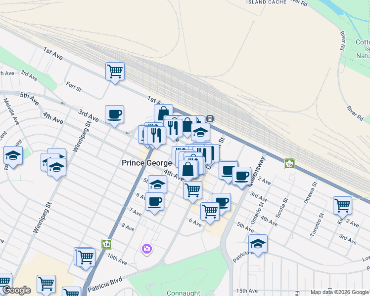 map of restaurants, bars, coffee shops, grocery stores, and more near 1375 2 Avenue in Prince George