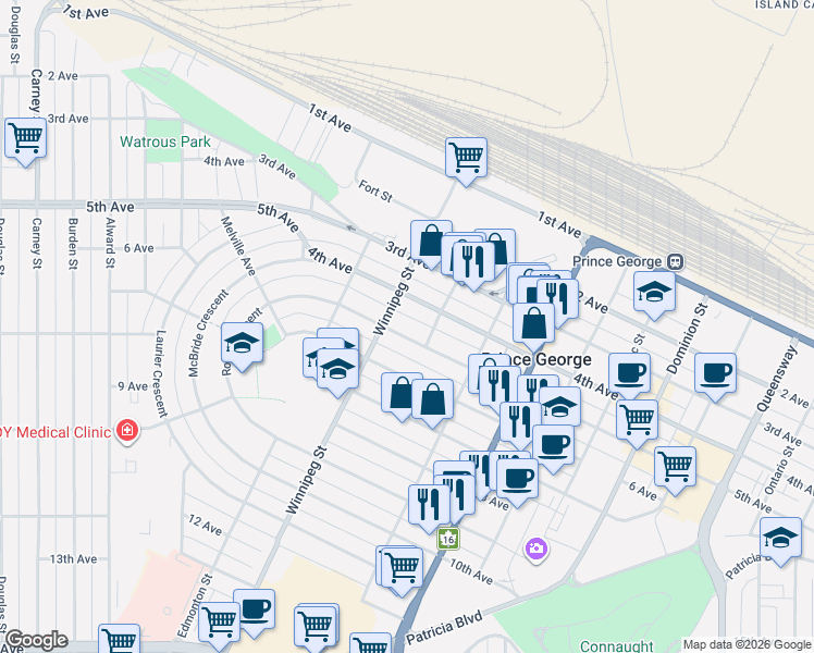 map of restaurants, bars, coffee shops, grocery stores, and more near 1740 5th Avenue in Prince George