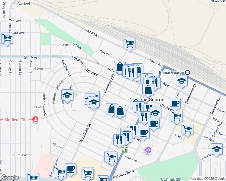map of restaurants, bars, coffee shops, grocery stores, and more near 1740 5th Avenue in Prince George