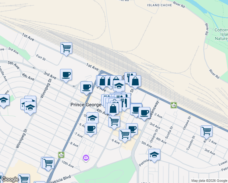 map of restaurants, bars, coffee shops, grocery stores, and more near 1320 2 Avenue in Prince George