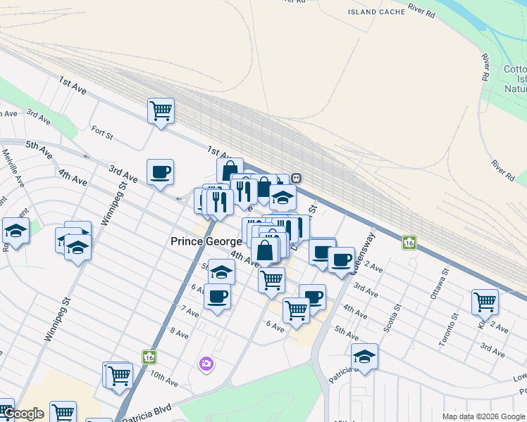 map of restaurants, bars, coffee shops, grocery stores, and more near 1360 2 Avenue in Prince George