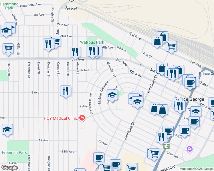 map of restaurants, bars, coffee shops, grocery stores, and more near 2189 McBride Crescent in Prince George