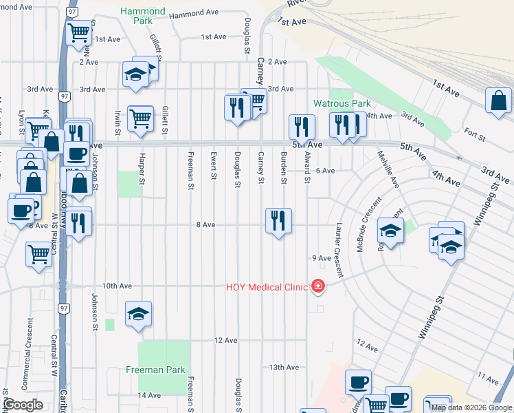 map of restaurants, bars, coffee shops, grocery stores, and more near 721 Carney Street in Prince George
