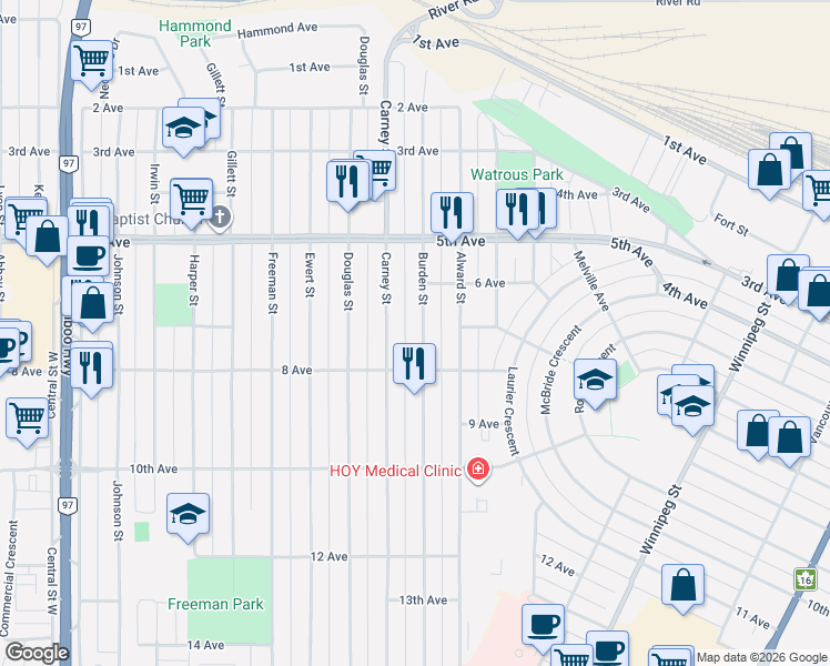 map of restaurants, bars, coffee shops, grocery stores, and more near 705 Burden Street in Prince George