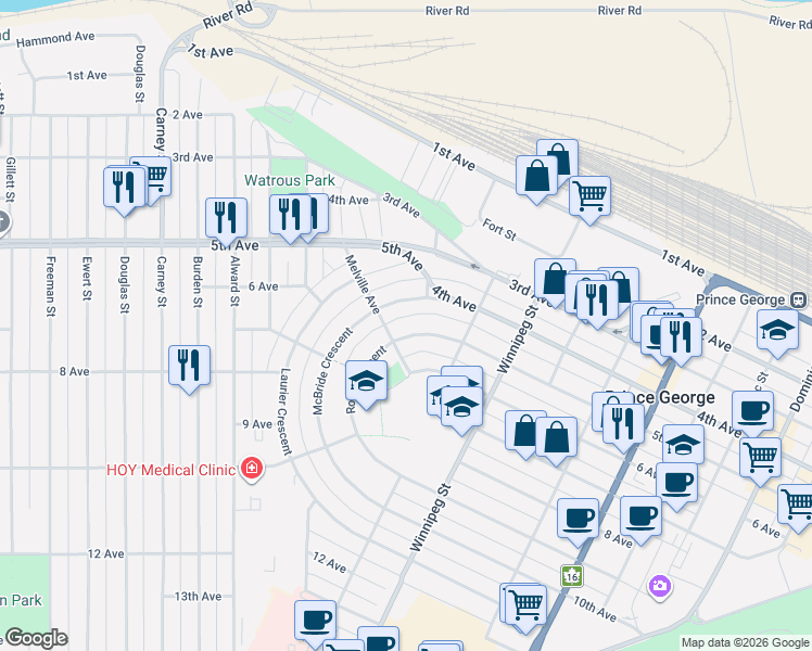 map of restaurants, bars, coffee shops, grocery stores, and more near 2066 Ross Crescent in Prince George