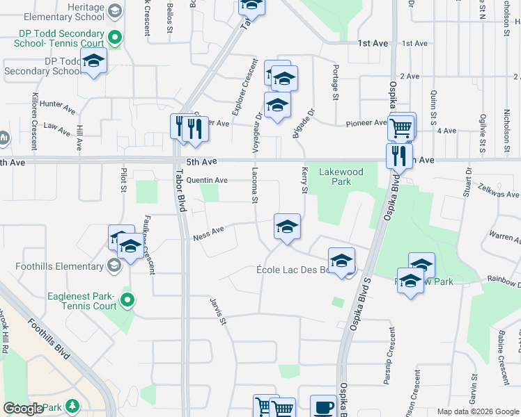 map of restaurants, bars, coffee shops, grocery stores, and more near 636 Lacoma Street in Prince George