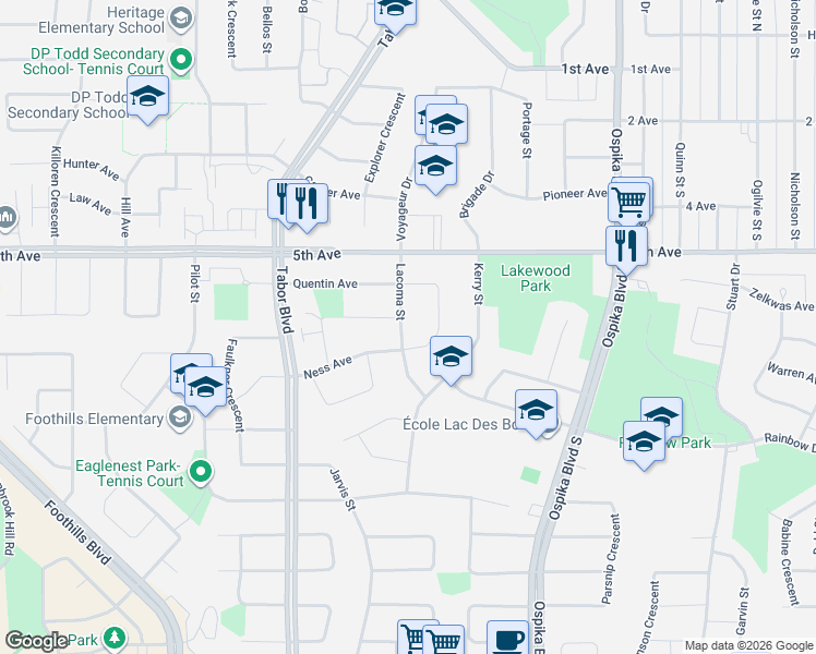 map of restaurants, bars, coffee shops, grocery stores, and more near 636 Lacoma Street in Prince George