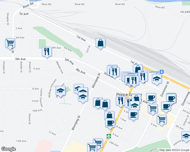 map of restaurants, bars, coffee shops, grocery stores, and more near 1844 4th Avenue in Prince George