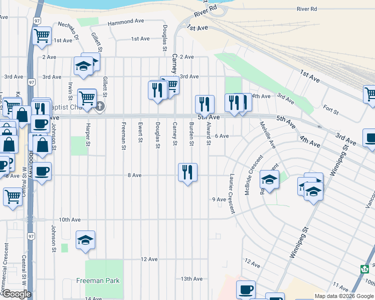 map of restaurants, bars, coffee shops, grocery stores, and more near 687 Burden Street in Prince George