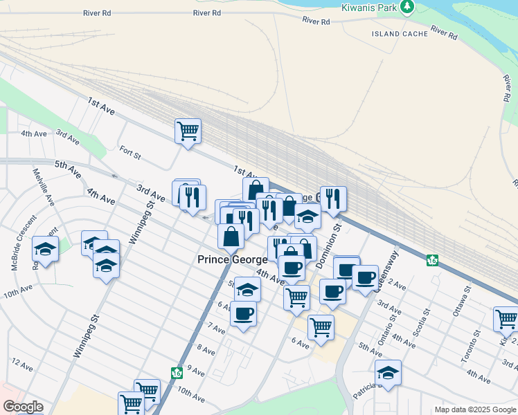 map of restaurants, bars, coffee shops, grocery stores, and more near 192 Victoria Street in Prince George