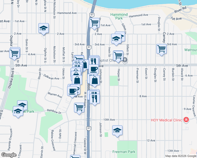 map of restaurants, bars, coffee shops, grocery stores, and more near 633 Johnson Street in Prince George