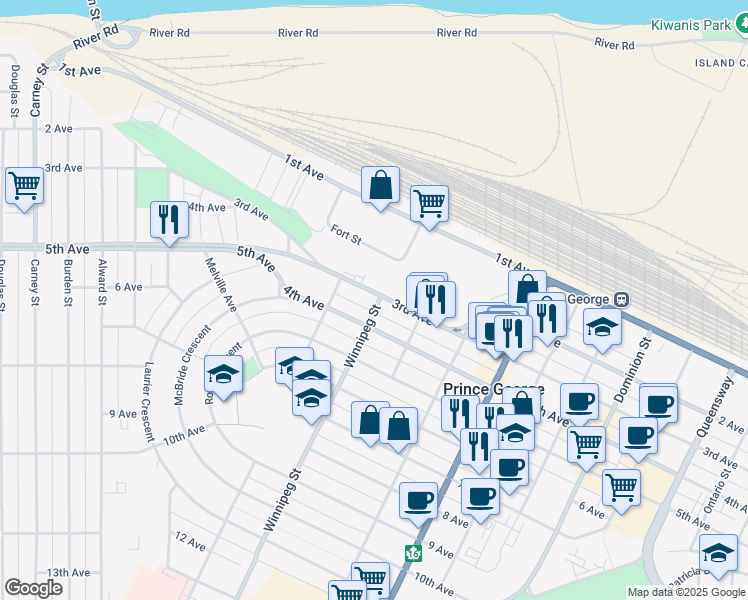 map of restaurants, bars, coffee shops, grocery stores, and more near 1844 4th Avenue in Prince George