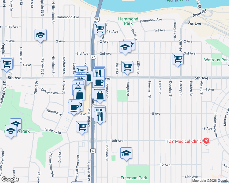 map of restaurants, bars, coffee shops, grocery stores, and more near 607 Irwin Street in Prince George