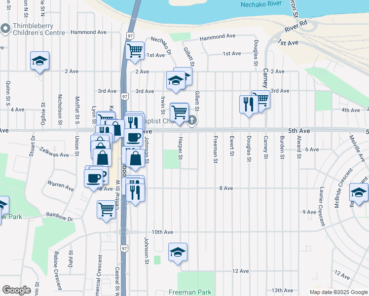map of restaurants, bars, coffee shops, grocery stores, and more near 596 Harper Street in Prince George