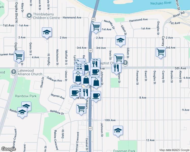 map of restaurants, bars, coffee shops, grocery stores, and more near 540 Central Street East in Prince George