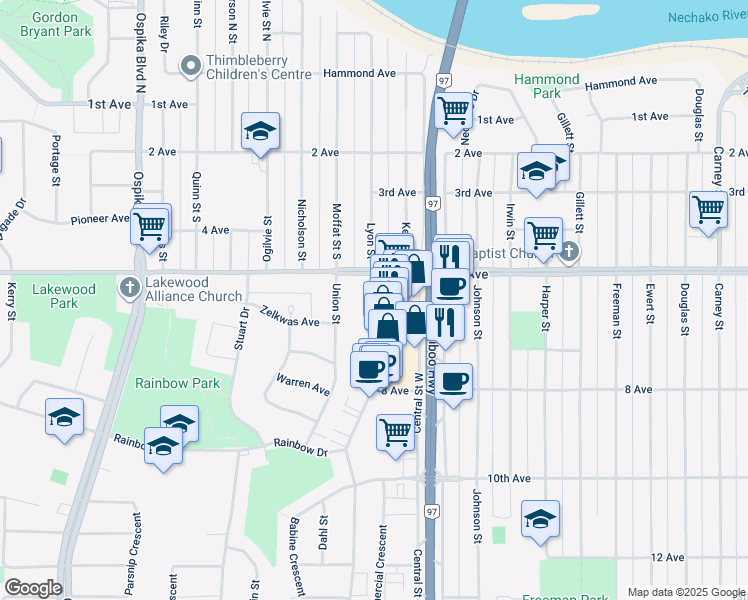 map of restaurants, bars, coffee shops, grocery stores, and more near 490 South Lyon Street in Prince George