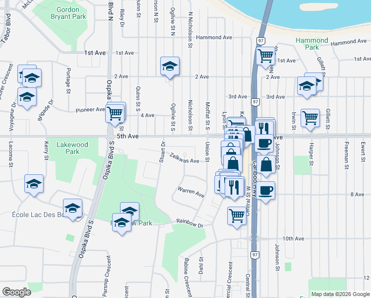 map of restaurants, bars, coffee shops, grocery stores, and more near 630 Vedder Crescent in Prince George