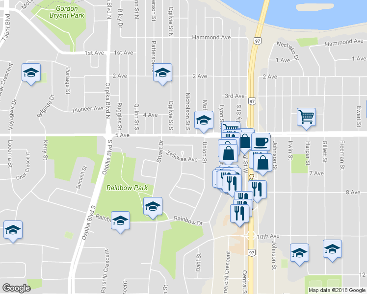 map of restaurants, bars, coffee shops, grocery stores, and more near 630 Vedder Crescent in Prince George
