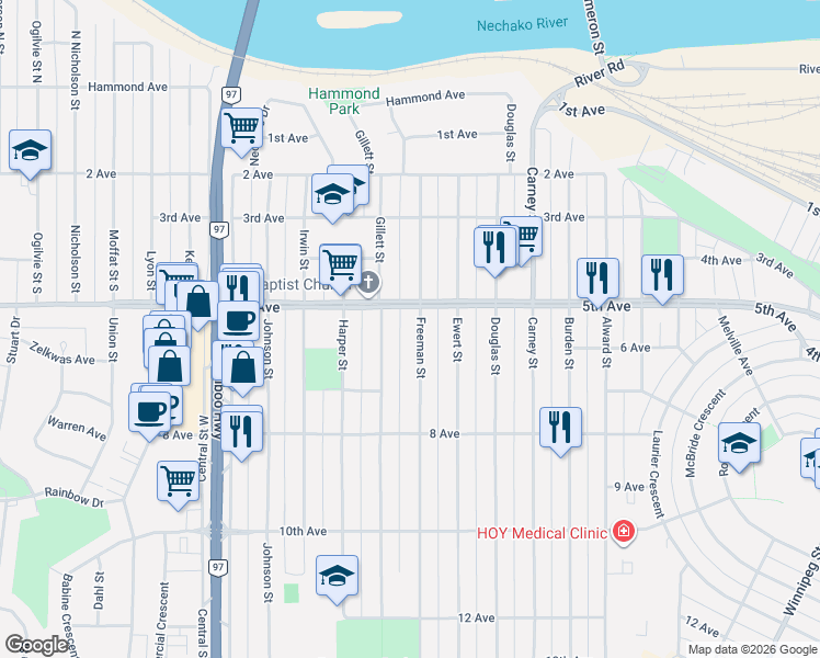 map of restaurants, bars, coffee shops, grocery stores, and more near 595 Freeman Street in Prince George