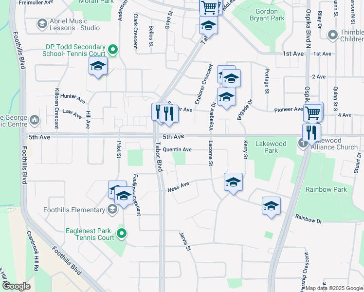 map of restaurants, bars, coffee shops, grocery stores, and more near 4280 Quentin Avenue in Prince George