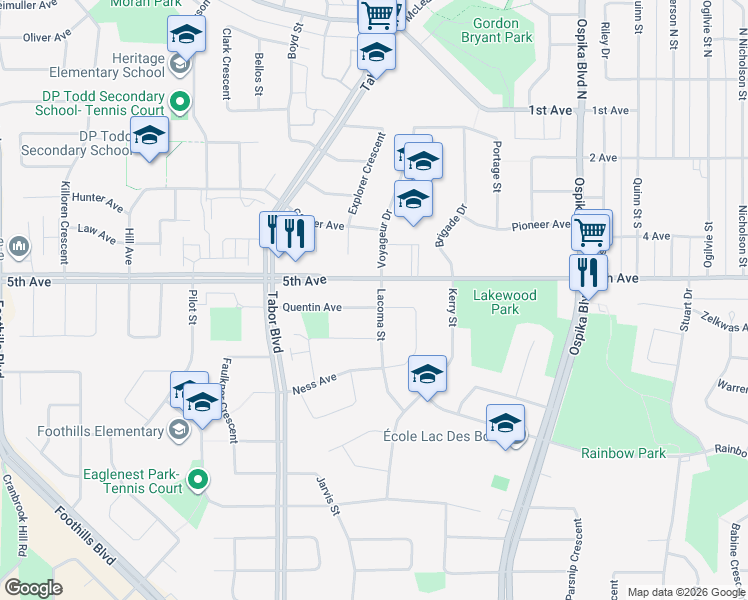 map of restaurants, bars, coffee shops, grocery stores, and more near 4202 Quentin Avenue in Prince George