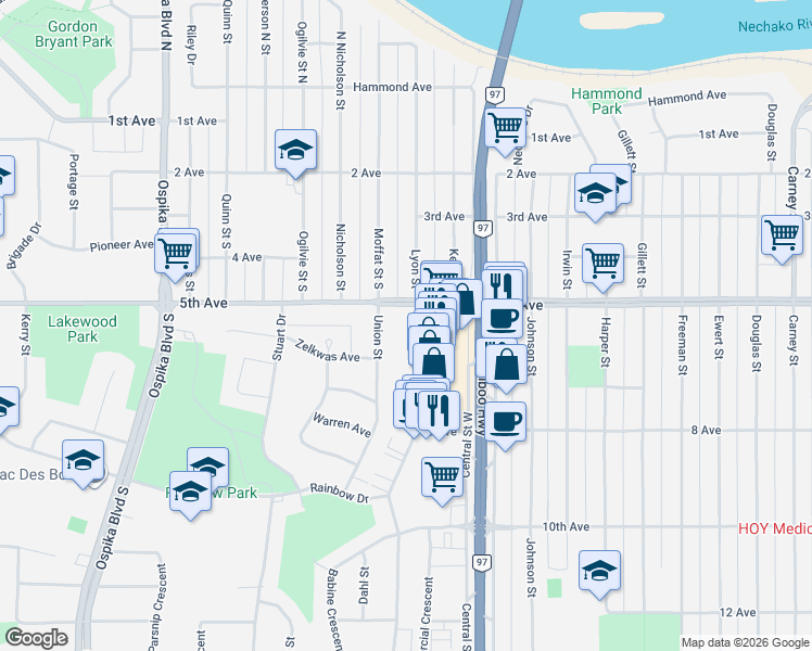 map of restaurants, bars, coffee shops, grocery stores, and more near 549 Ahbau Street in Prince George