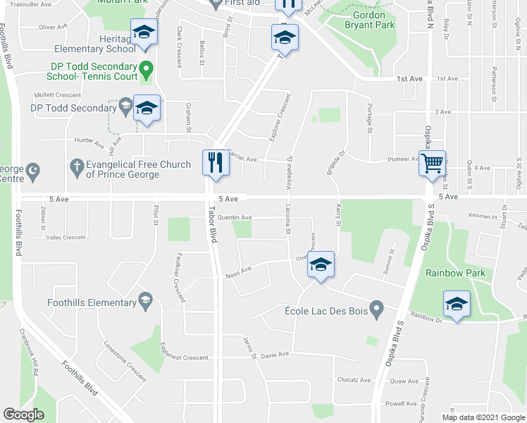 map of restaurants, bars, coffee shops, grocery stores, and more near 4234 Quentin Avenue in Prince George