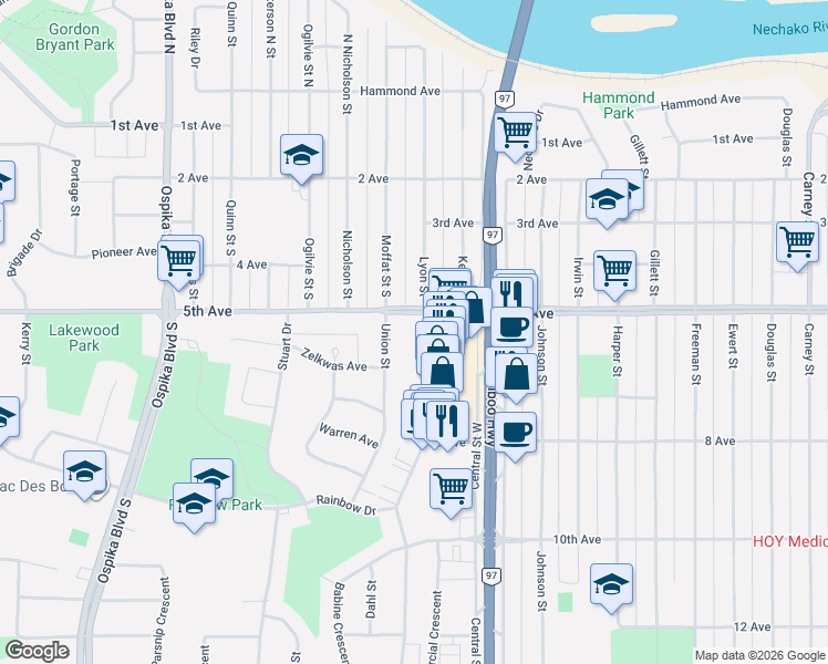 map of restaurants, bars, coffee shops, grocery stores, and more near 549 Ahbau Street in Prince George