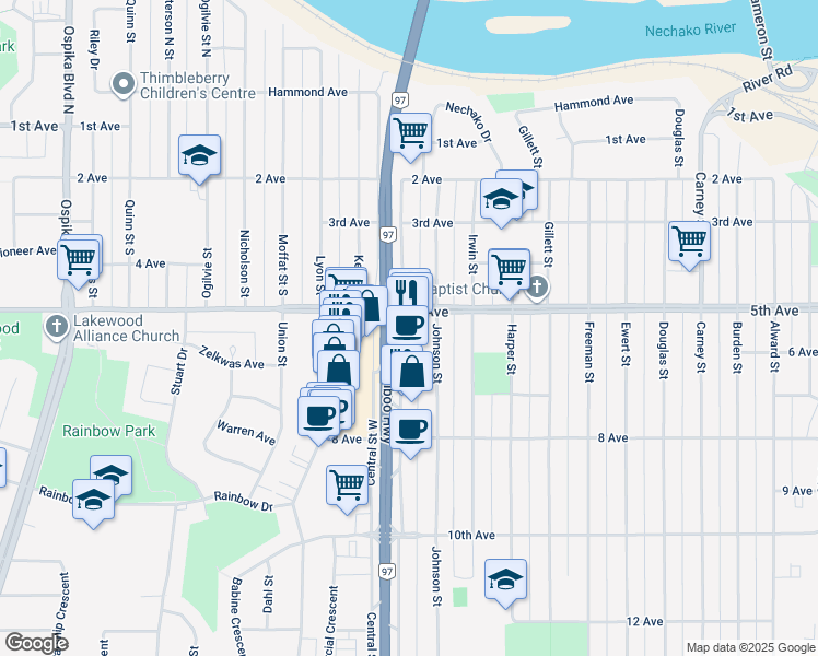 map of restaurants, bars, coffee shops, grocery stores, and more near 540 Central Street East in Prince George