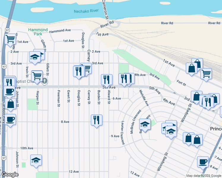 map of restaurants, bars, coffee shops, grocery stores, and more near 520 Alward Street in Prince George