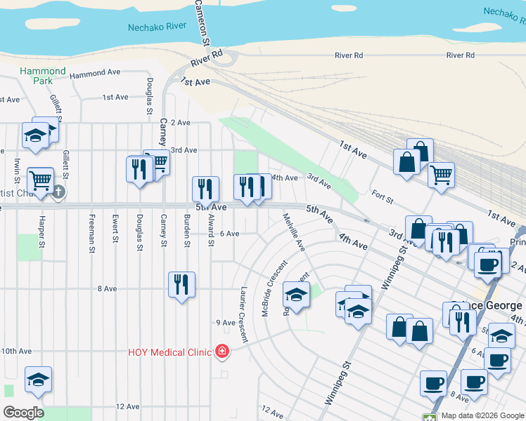 map of restaurants, bars, coffee shops, grocery stores, and more near 2095 5th Avenue in Prince George