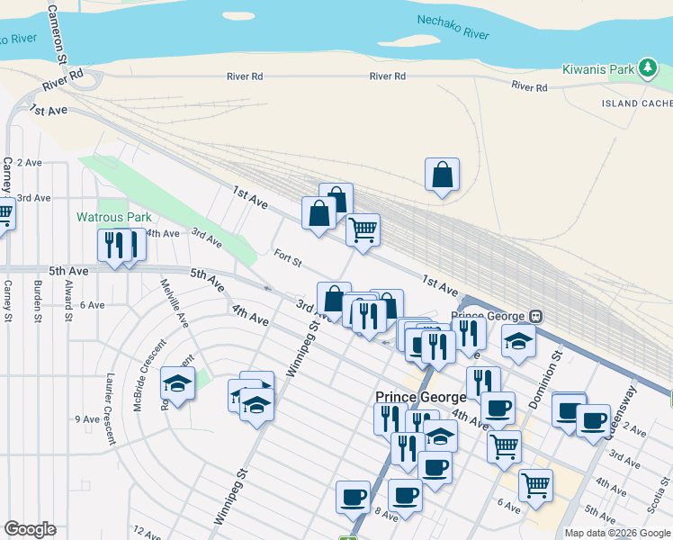 map of restaurants, bars, coffee shops, grocery stores, and more near 1839 1st Avenue in Prince George