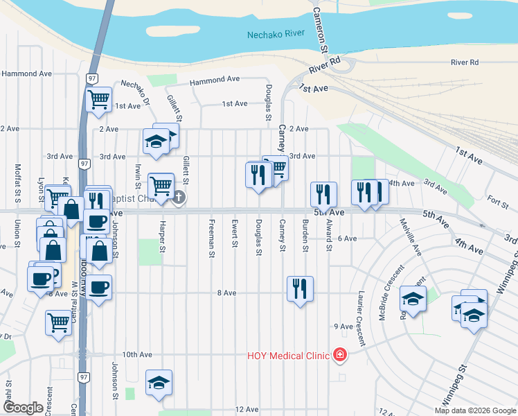 map of restaurants, bars, coffee shops, grocery stores, and more near 5 Ave & Douglas St in Prince George