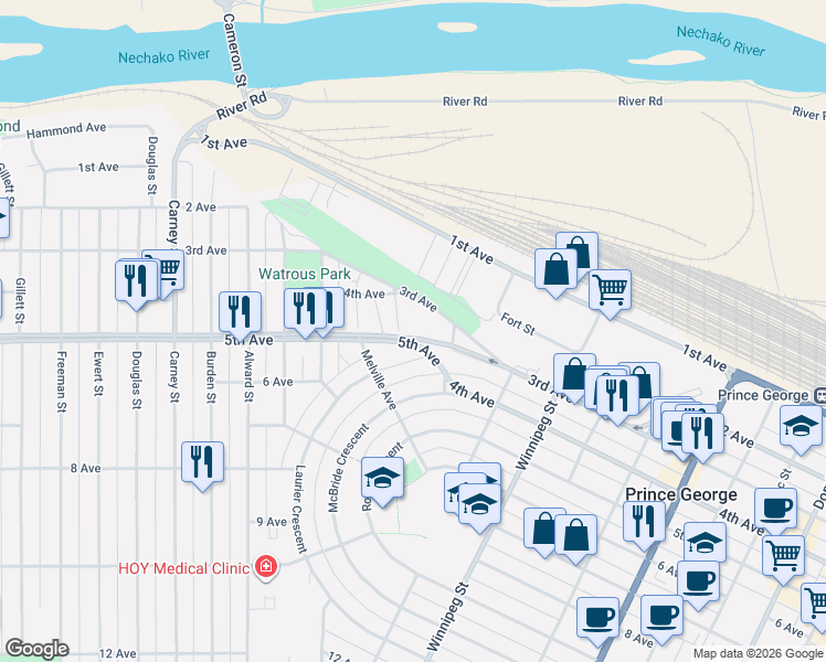 map of restaurants, bars, coffee shops, grocery stores, and more near 450 Tofield Street in Prince George