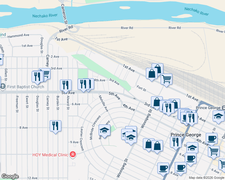 map of restaurants, bars, coffee shops, grocery stores, and more near 450 Tofield Street in Prince George