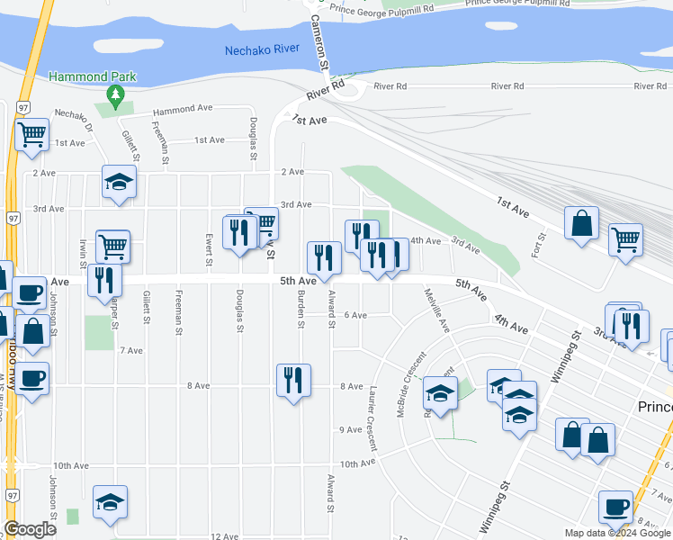 map of restaurants, bars, coffee shops, grocery stores, and more near 520 Alward Street in Prince George