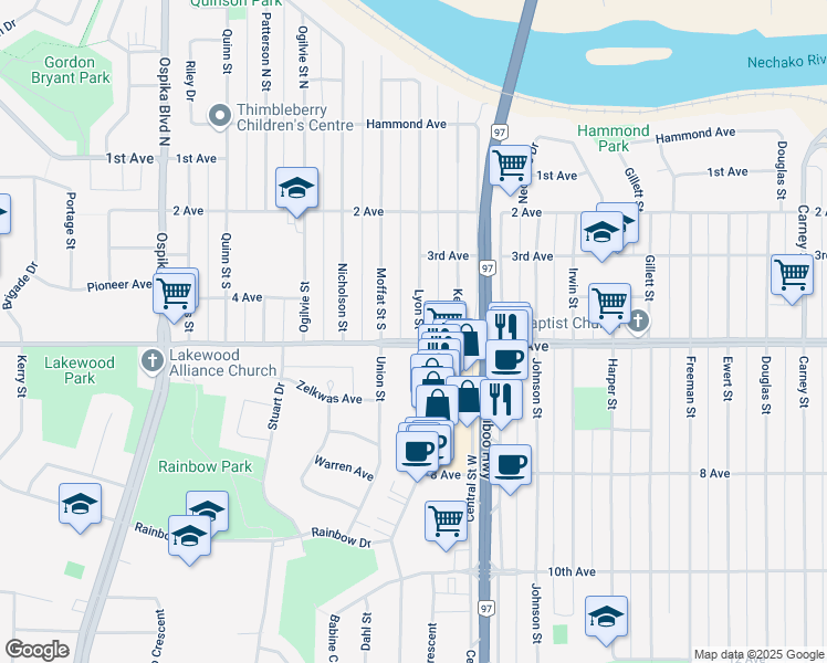 map of restaurants, bars, coffee shops, grocery stores, and more near 490 Lyon Street South in Prince George