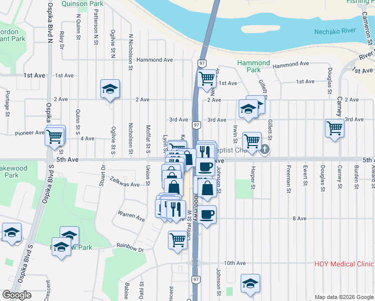 map of restaurants, bars, coffee shops, grocery stores, and more near 450 Kelly Street South in Prince George