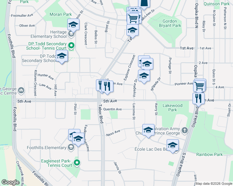 map of restaurants, bars, coffee shops, grocery stores, and more near 438 Carrier Place in Prince George