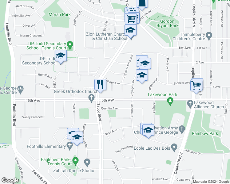 map of restaurants, bars, coffee shops, grocery stores, and more near 438 Carrier Place in Prince George